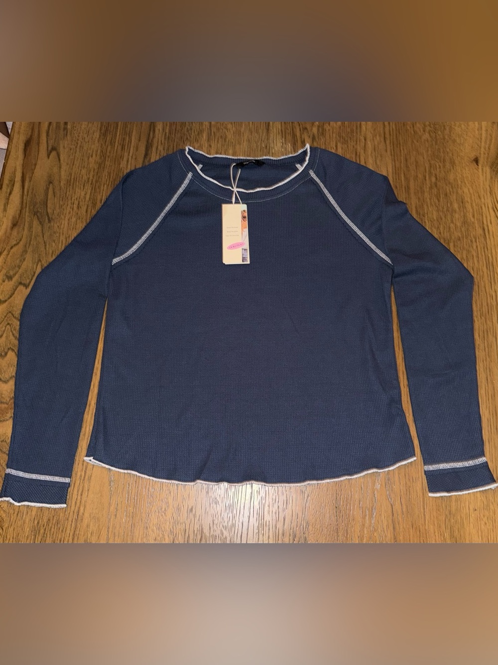 Classic Navy Long-Sleeve Waffle Tee with Contrast Stitching